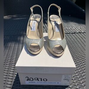 Jimmy Choo size 38 glitter fabric champagne sling back heels.